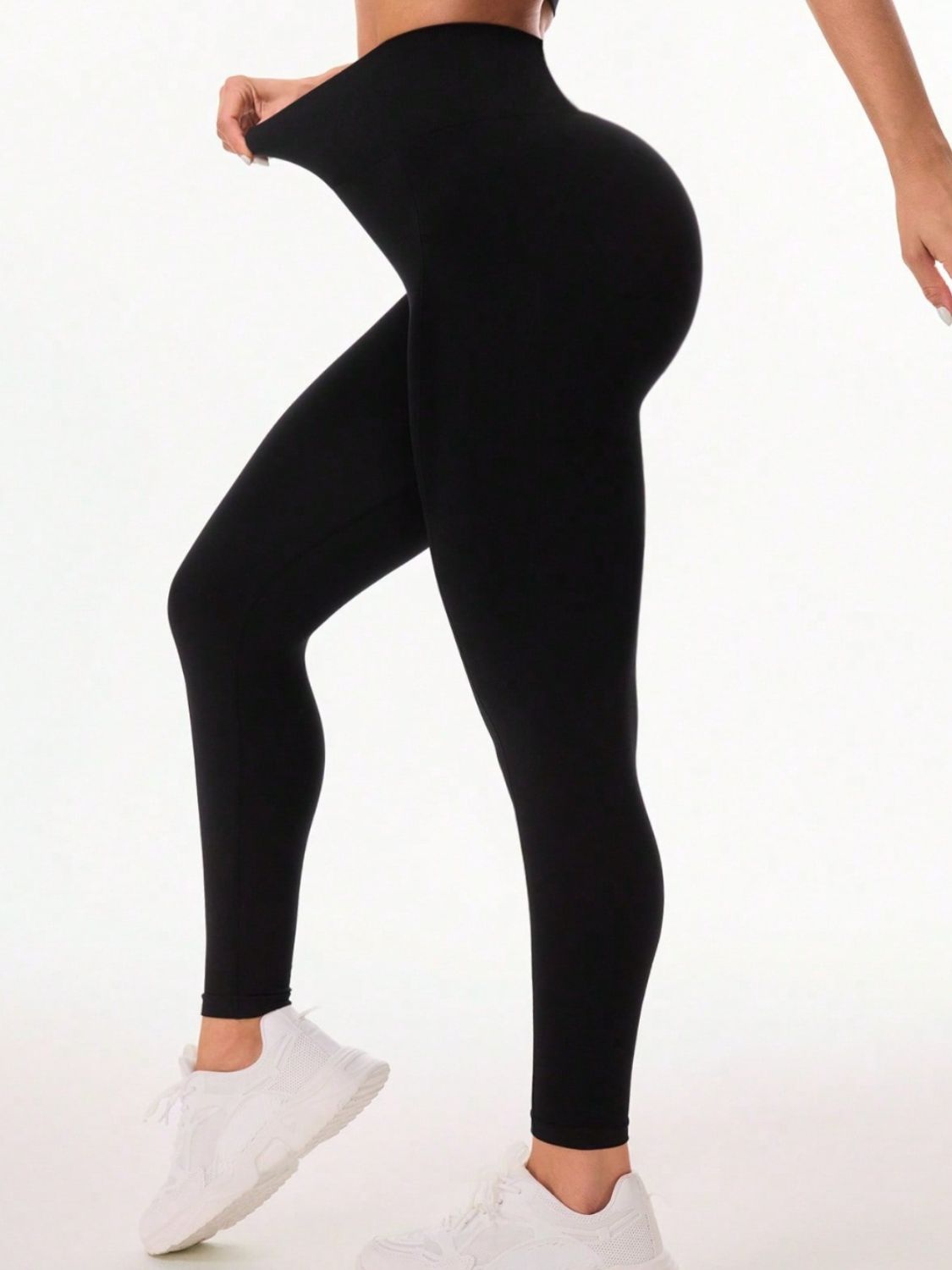 Women's Black Moderate Stretch Pocketed High Waist Leggings - waist stretch side view