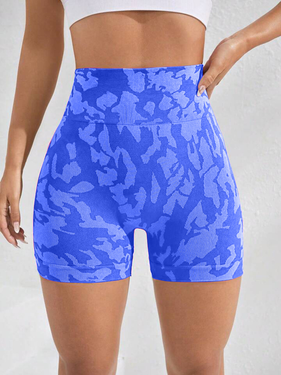 Ladies Royal Blue Slightly Stretch Abstract Printed High Waist Shorts - Front view