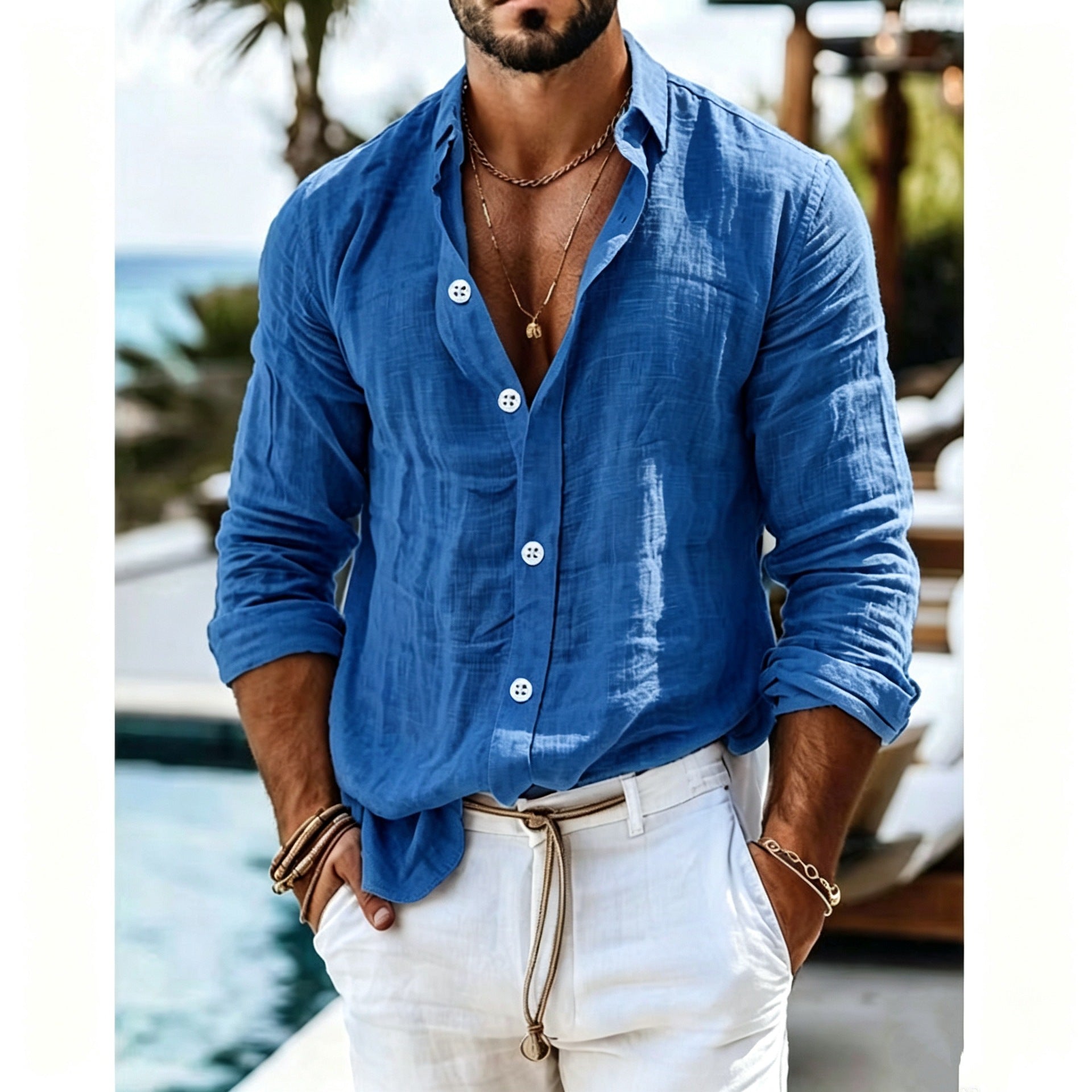 Model wearing a blue Men's Effortless Linen Blend Button Shirt