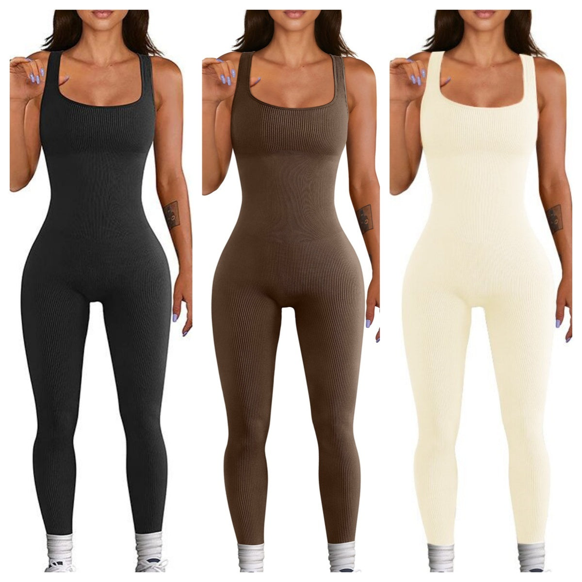 Three women wearing black, brown, and beige bodysuits on a white background