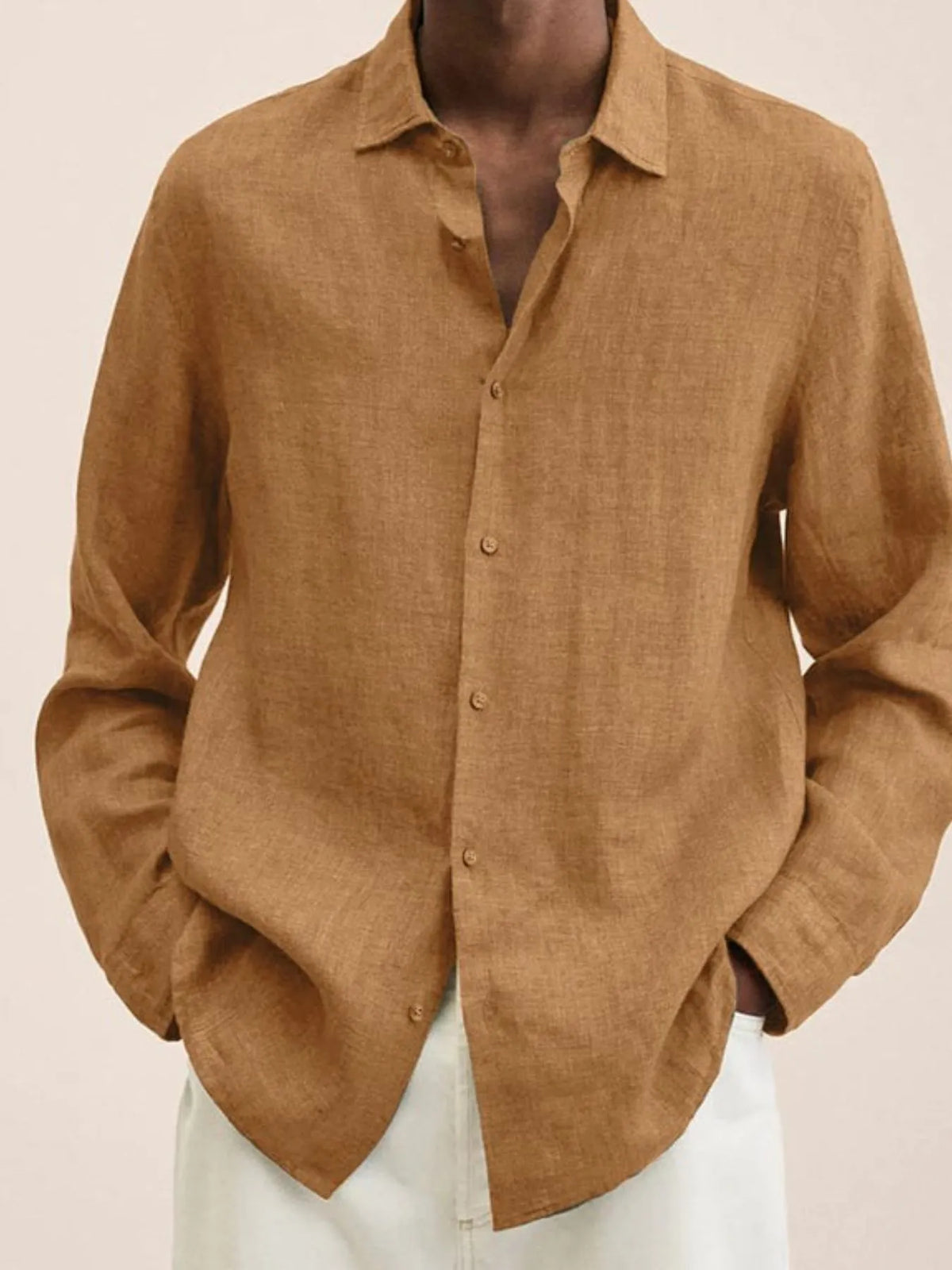  Model wearing a Men's Urban Casual camel Button-Down Long Sleeve Shirt 