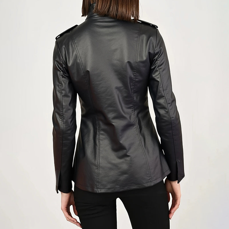 Black leather jacket worn by a person on a white background