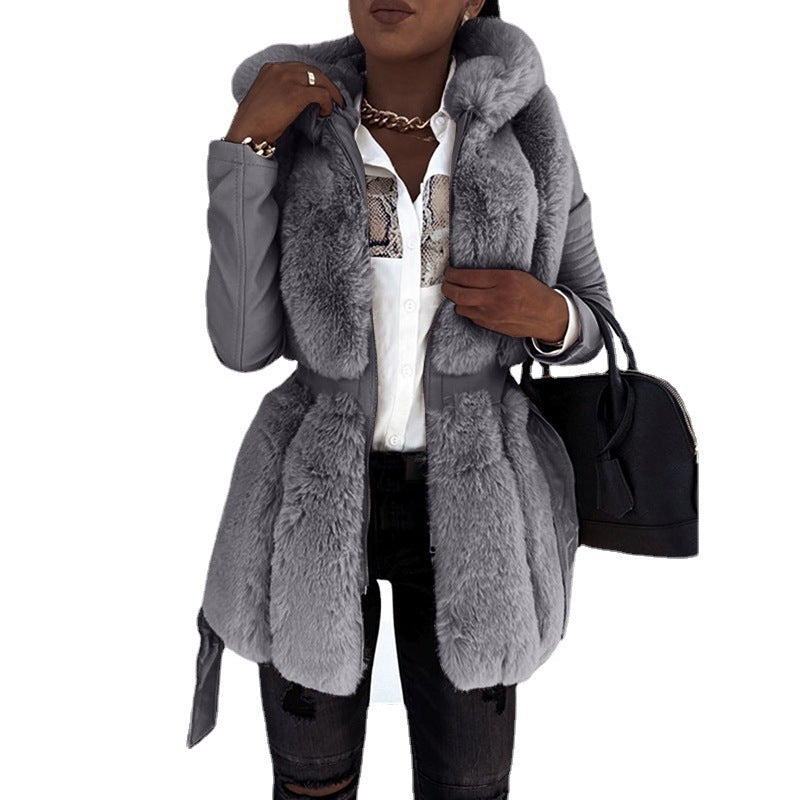 Opulent Fur-Trimmed Elegance: Belted Hooded Zipper Jacket in Luxe Shad
