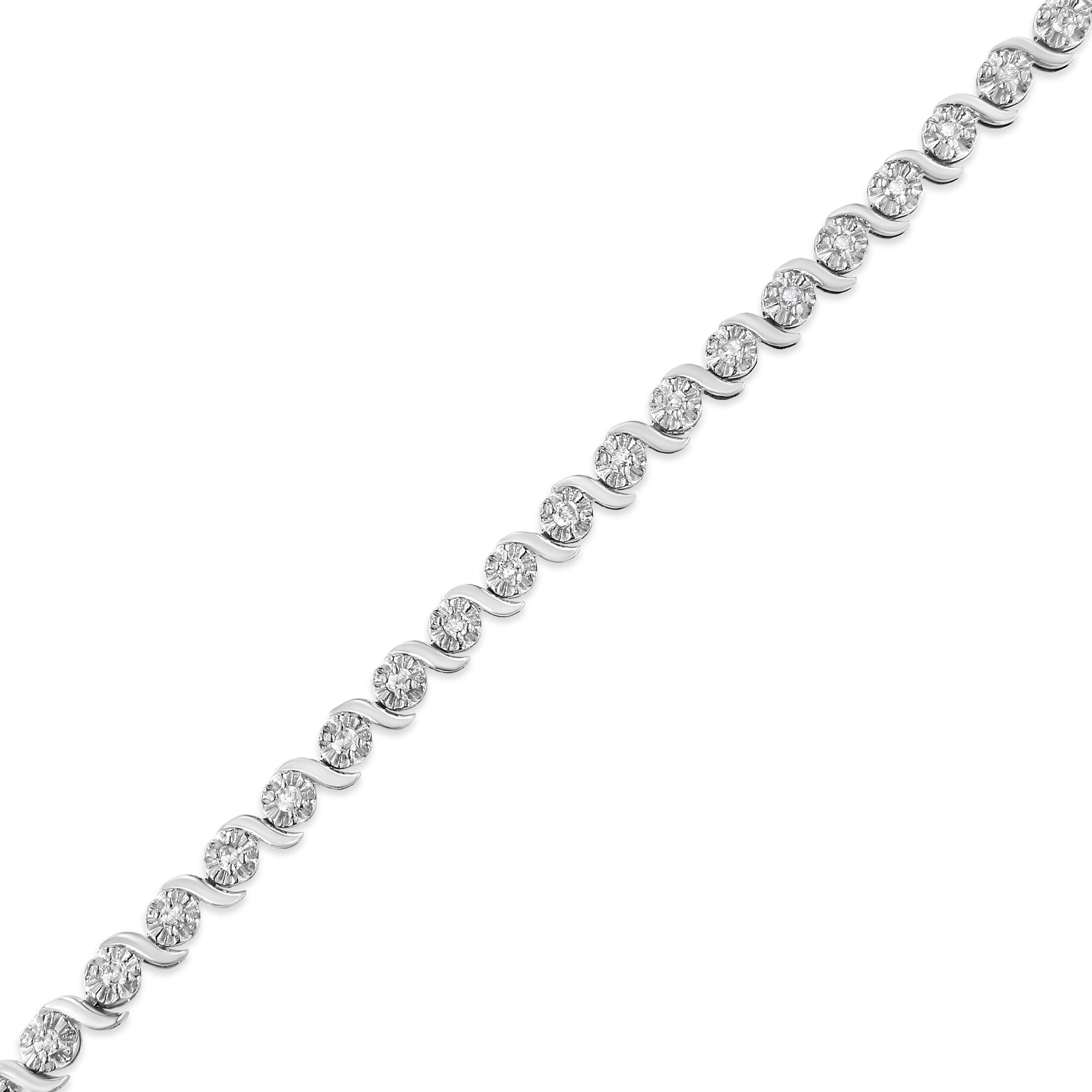 .925 Sterling Silver 1.0 Cttw Diamond Spiral Wave Curved-Link 7in Tennis Bracelet (I-J Color, I3 Clarity)