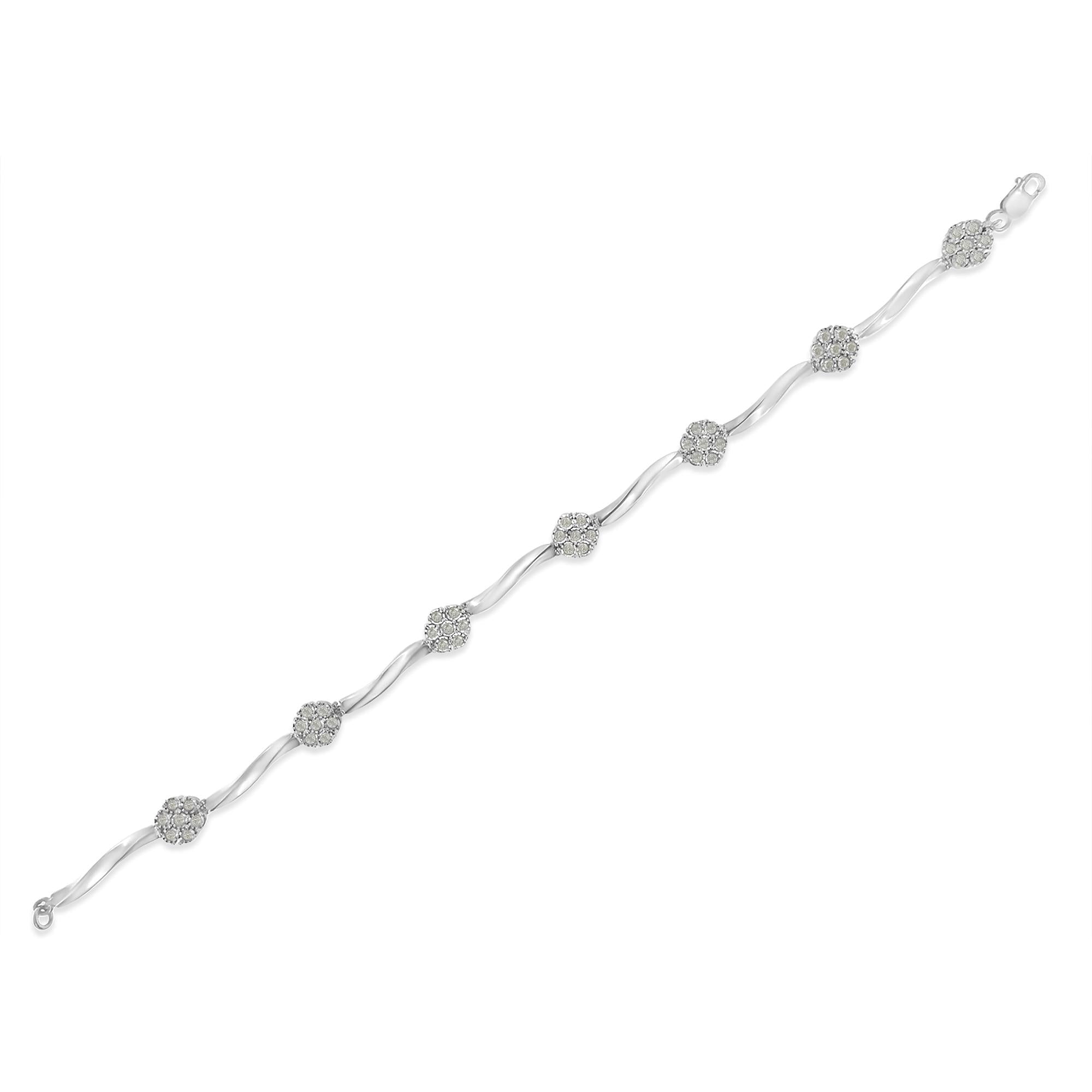 .925 Sterling Silver 1.0 cttw Miracle-Set Diamond 7 Stone Floral Cluster Link Bracelet (I-J Color, I3 Clarity) -7in