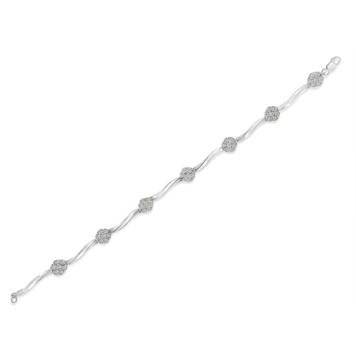 .925 Sterling Silver 1/4 Cttw Diamond Cluster Miracle-Set Station & Twisted Bar 7in Tennis Bracelet (H-I Color, I2-I3 Clarity)