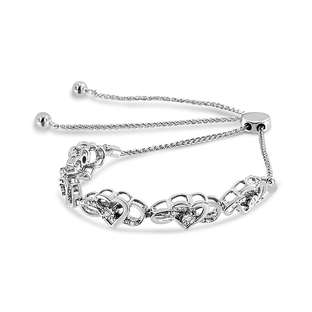 .925 Sterling Silver Miracle Set Diamond Accented Infinity Hearts 6in-9in Adjustable Bolo Bracelet (H-I Color, I2-I3 Clarity)