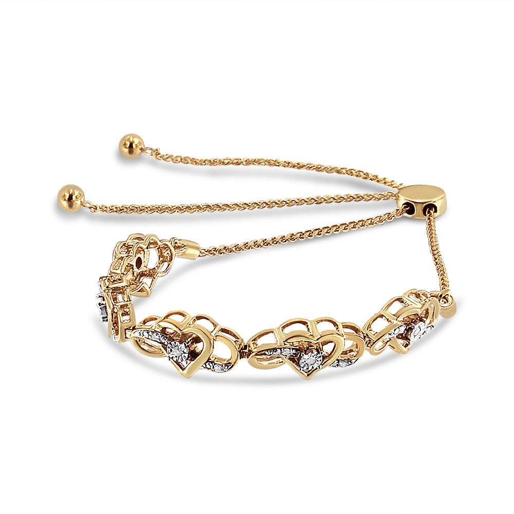 14K Yellow Gold Plated .925 Sterling Silver 1/10 Cttw Diamond Infinity Heart Shaped 4in-10in Adjustable Bolo Bracelet (H-I Color, I2-I3 Clarity)