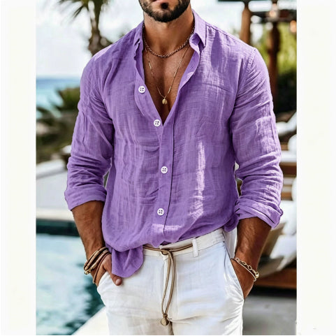 Model wearing a purple Men's Effortless Linen Blend Button Shirt
