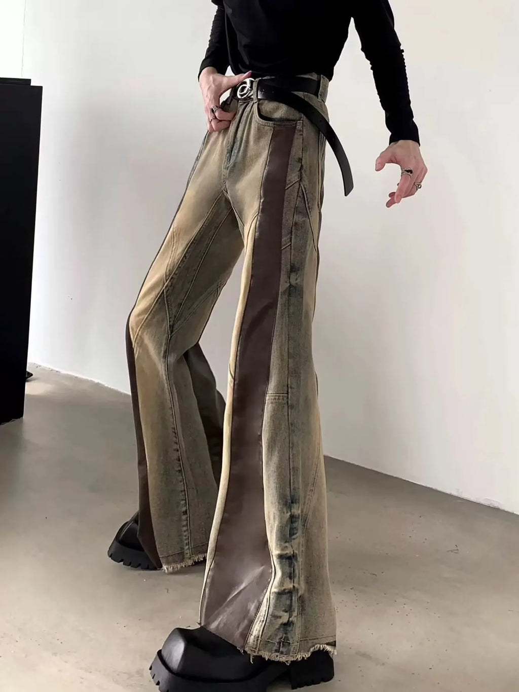 Men's Vintage Washed Two-Tone Flare Jeans front angle view
