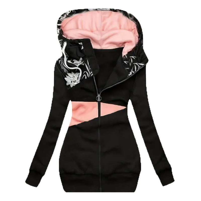 Vibrant Mosaic Mastery: Color-Block Hooded Full-Zip Jacket for Effortless Elegance