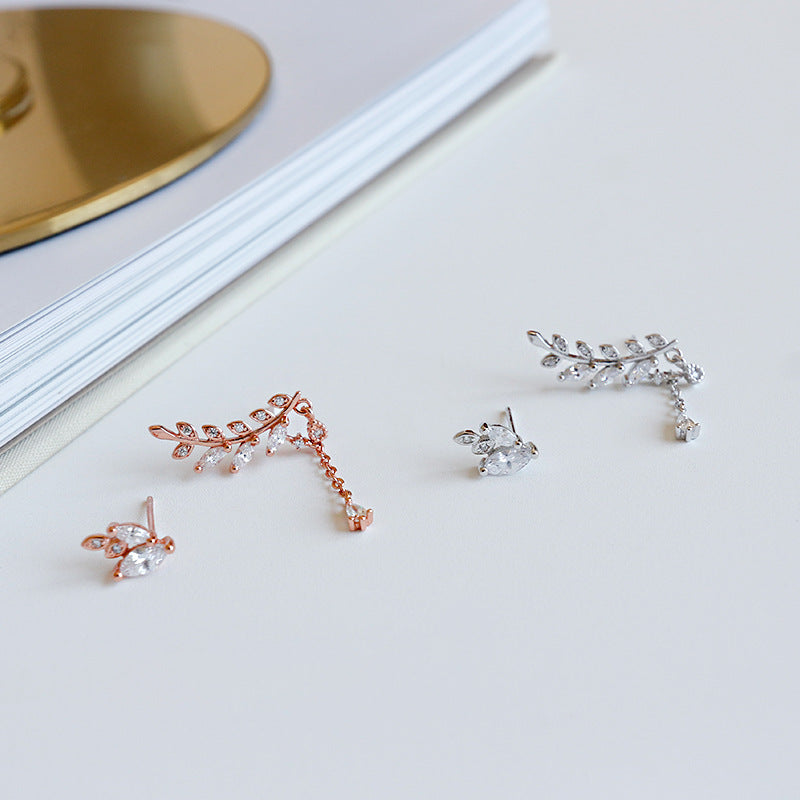 Asymmetry CZ Branch Leaves 925 Sterling Silver Stud Earrings rose gold & rhodium plated