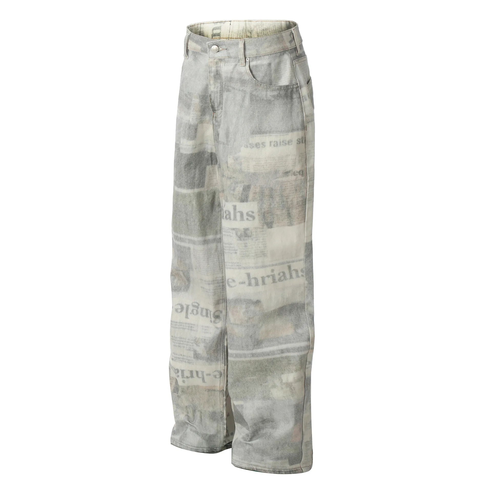 Men's Vintage Newspaper Print Wide Leg Baggy Jeans side angle view
