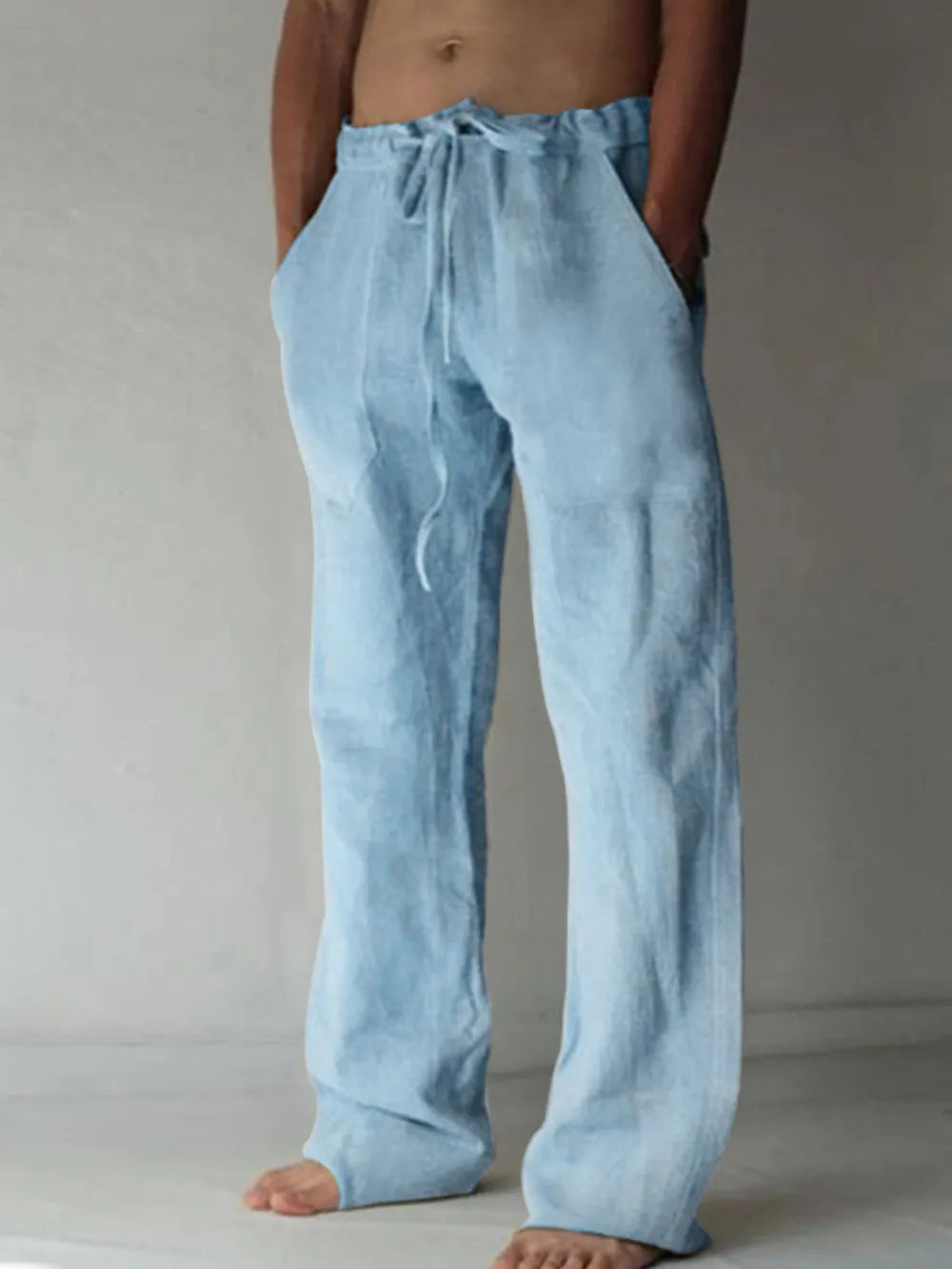 Light blue linen Drawstring Loose Fit Pants  worn by a male model