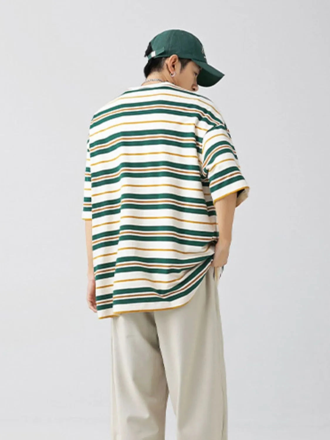 Men's dark green urban short sleeve stripe t-shirt back of shirt view