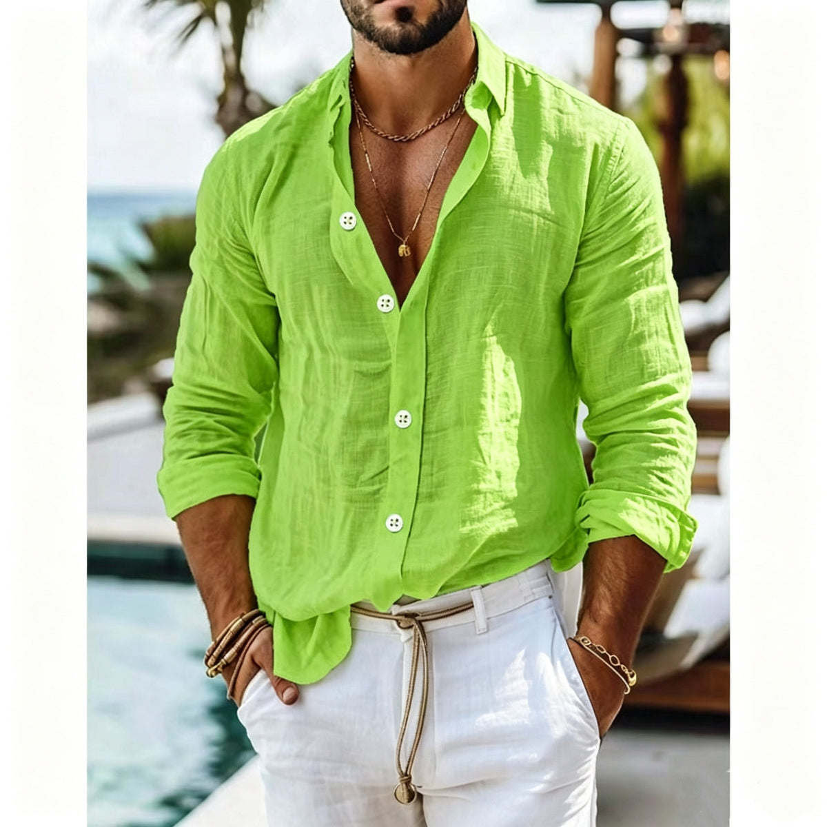 Model wearing a light green Men's Effortless Linen Blend Button Shirt