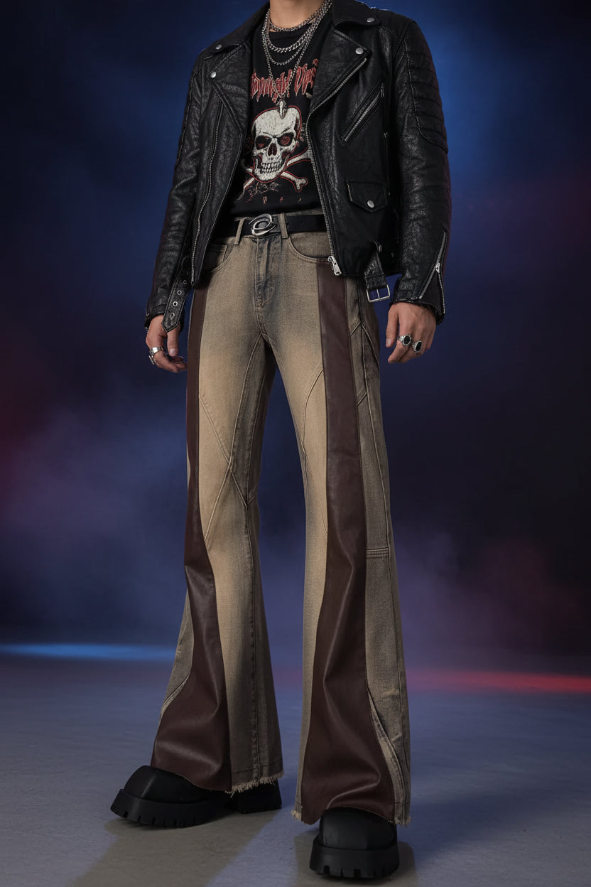 Model wearing Men's Vintage Washed Two-Tone Flare Jeans