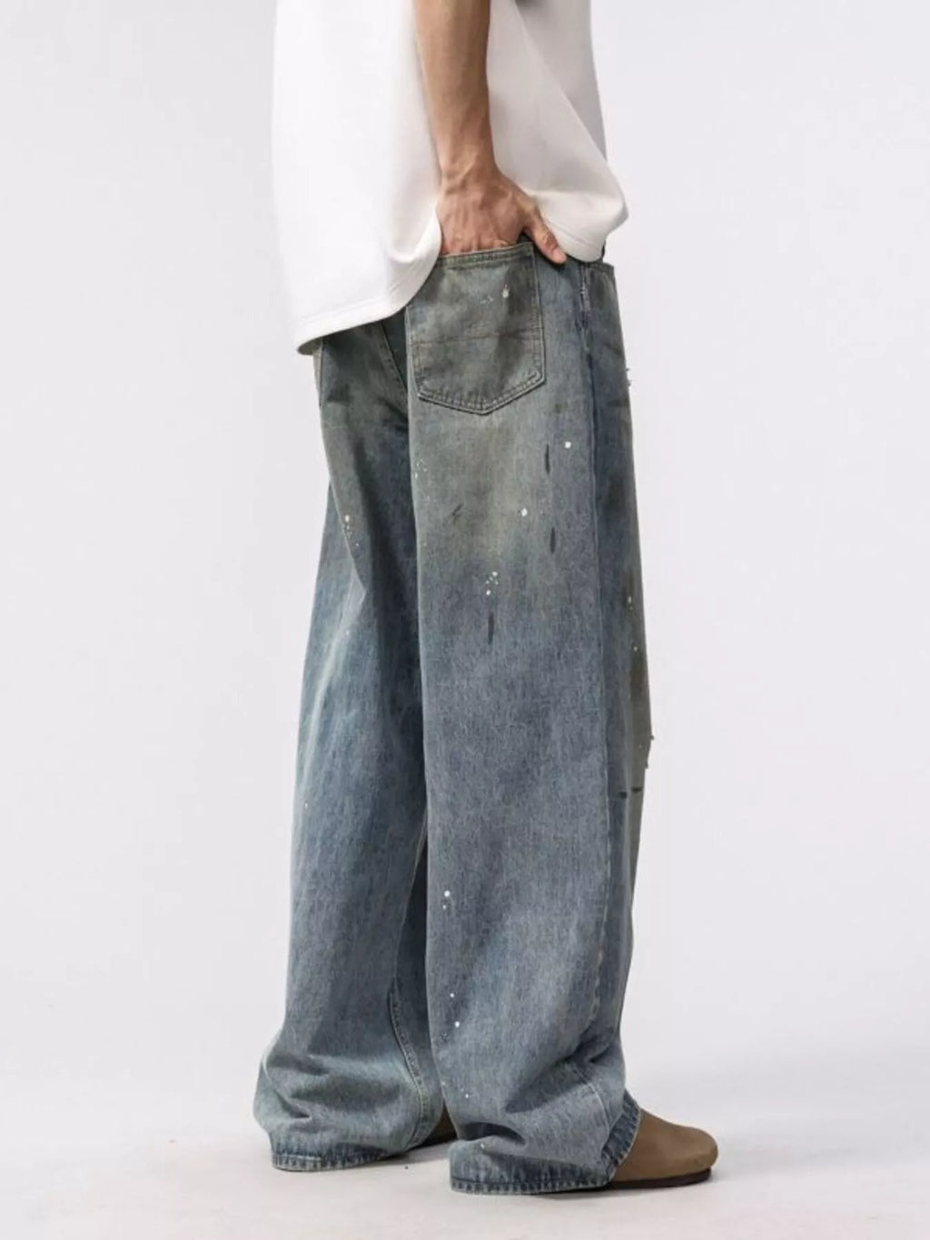 Men's Graphic Wide Leg Washed Jeans-Vintage Streetwear Statement Fit back angle view