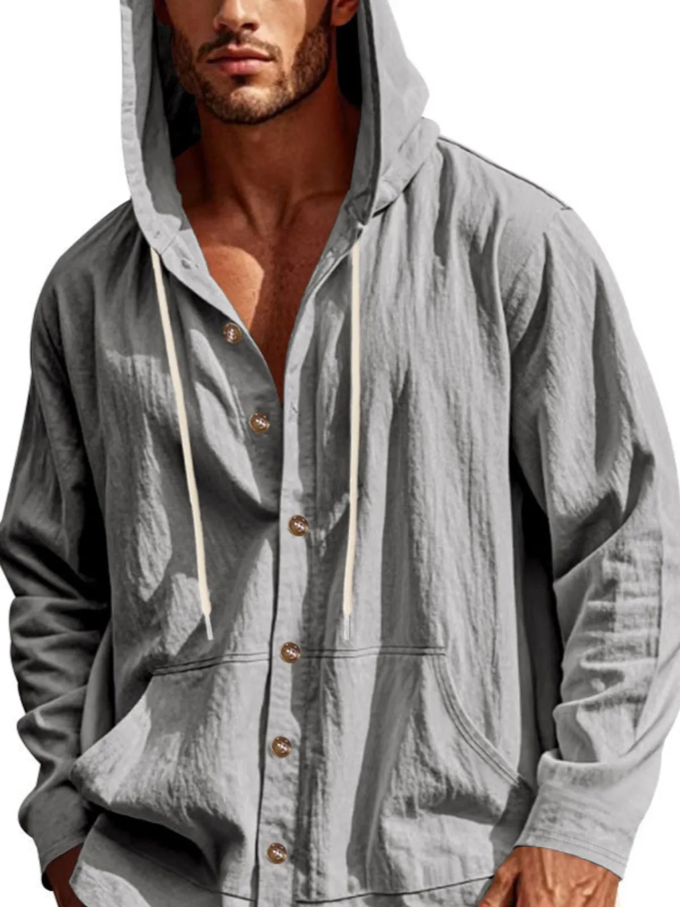 Men's Grey colored Button Up Drawstring Hooded Top