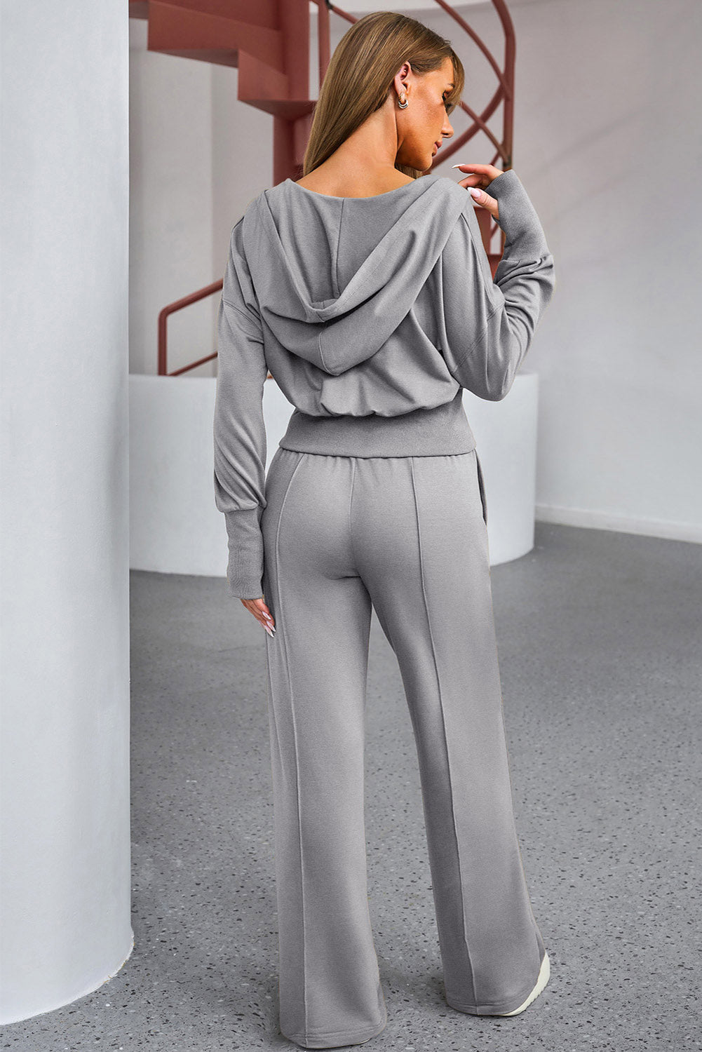 Women's Gray Dropped Shoulder Hoodie and Drawstring Pants Set-Back