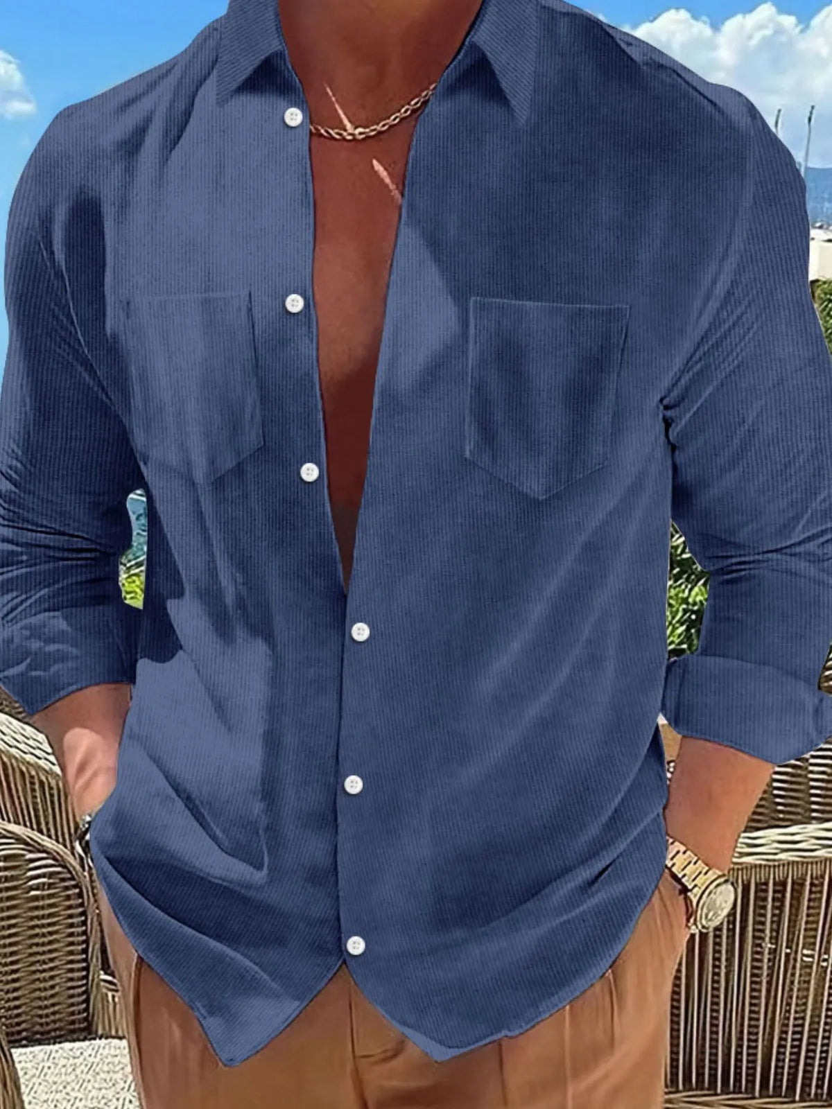 Male model wearing a dusty blue ribbed Button Down Long Sleeve Casual Shirt 