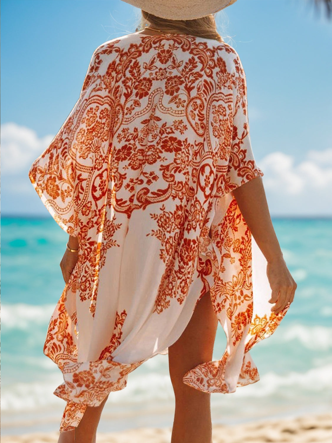 Back view of Printed Open Front Cover-Up