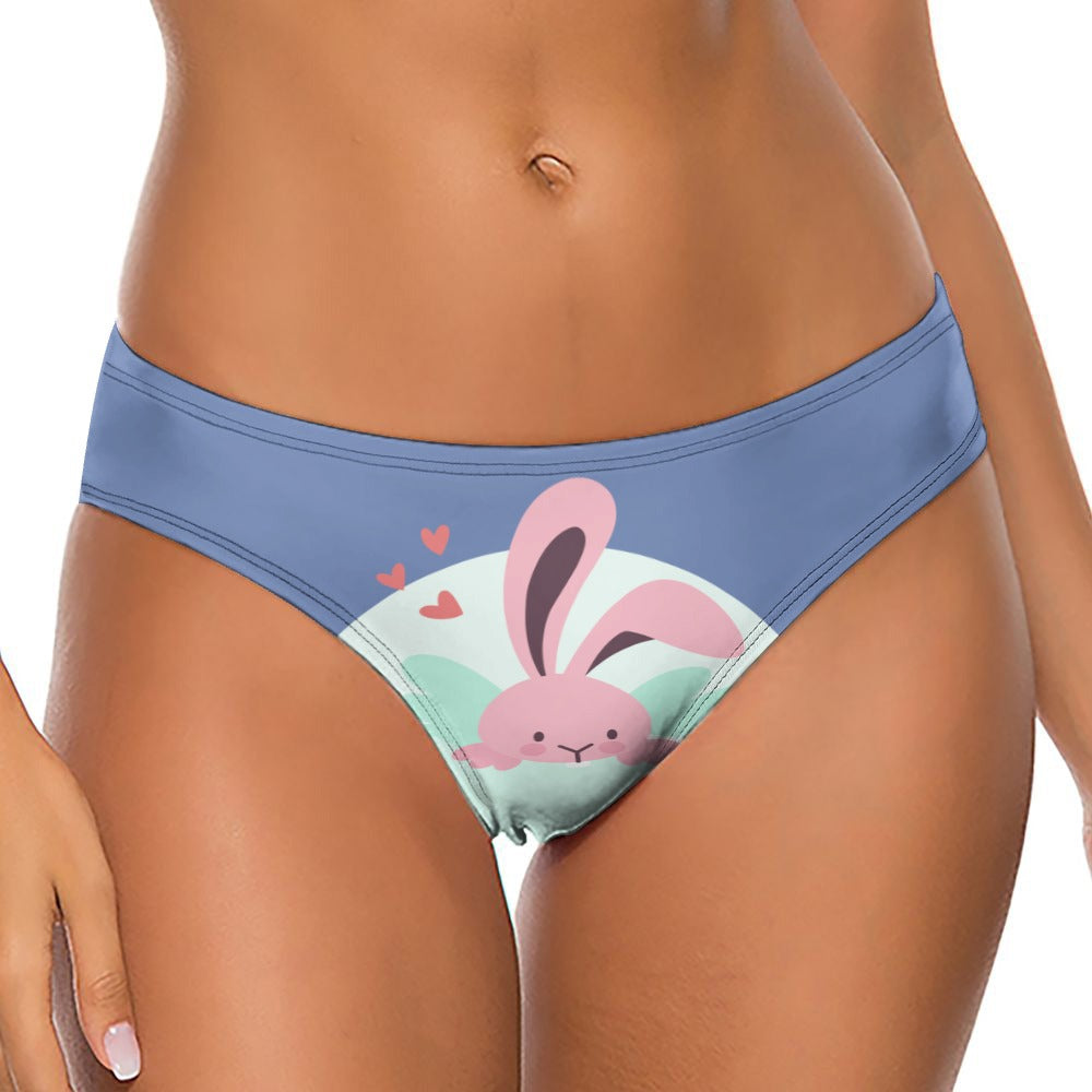 Front view of a Model wearing a Corn Flower Blue BUhmayzing Women's Peeping Bunny Print Thong Panties