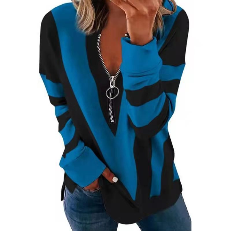 Blue and black striped sweater with a zipper on a white background