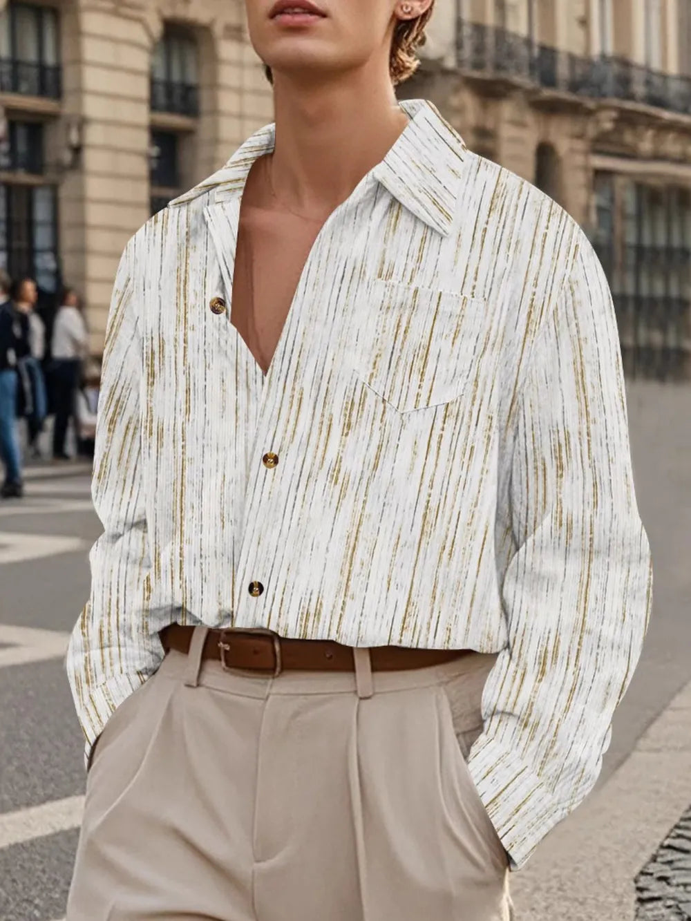 Men's taupe Business Relaxed Long Sleeve Striped Shirt
