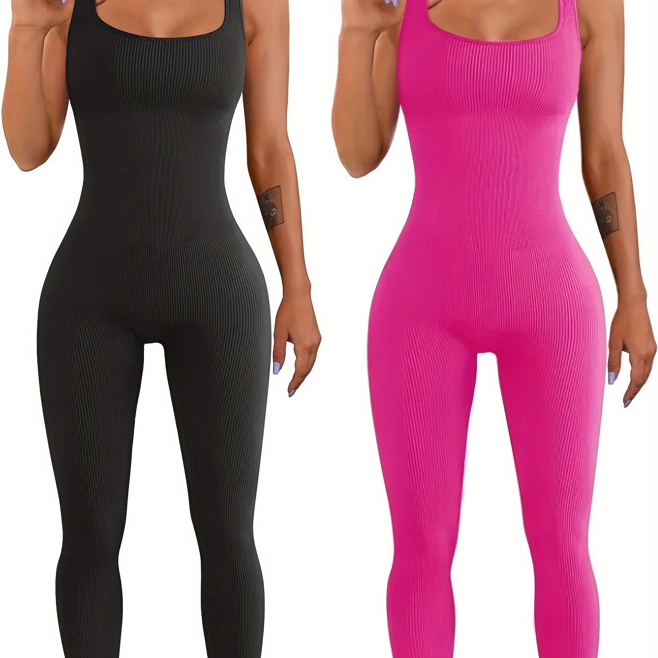 Black and pink ribbed jumpsuits worn by models on a white background