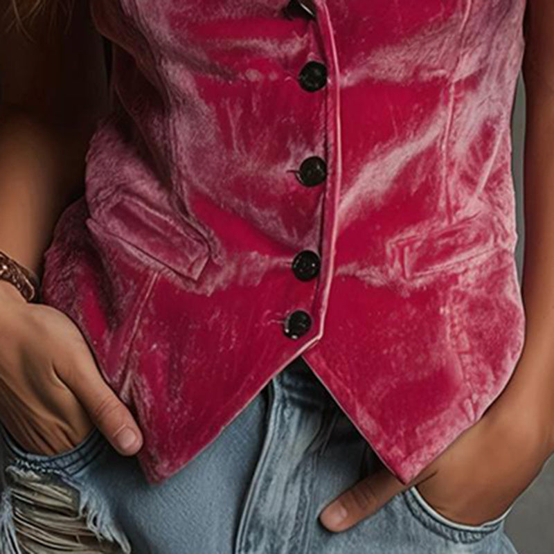 Velvet Nomad: Bohemian V-Neck Button-Down Sleeveless Vest for Effortless Layering