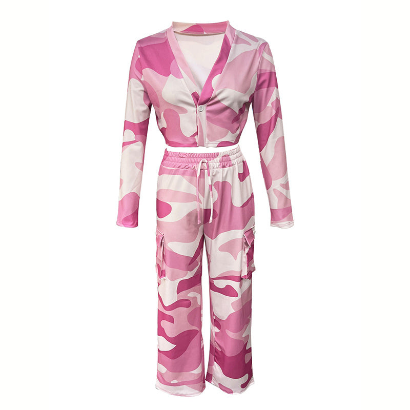 Camo Canvas: V-Neck Crop Top & Drawstring Cargo Pants 2-Piece Set for Edgy Seasons