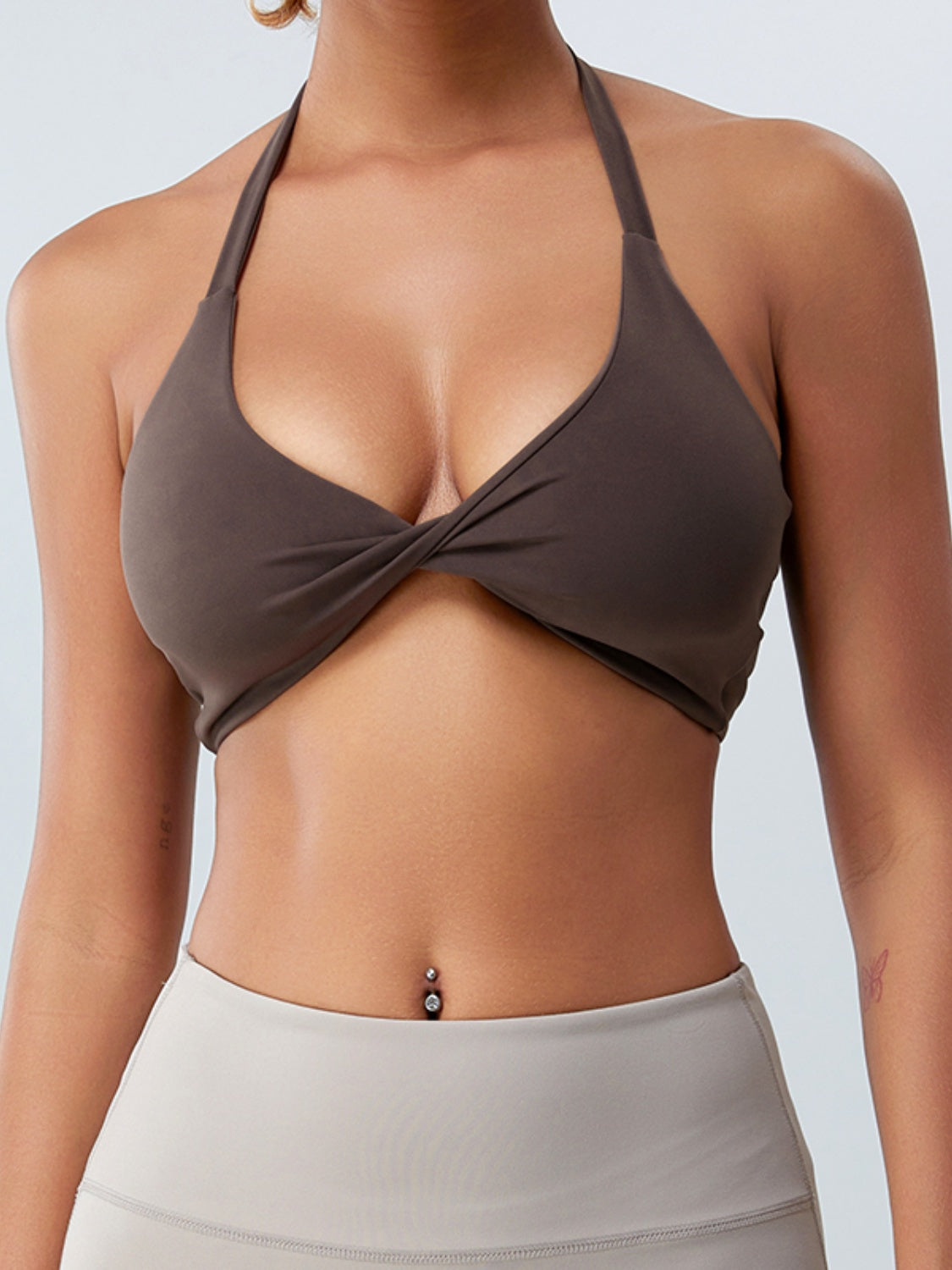 Ladies Chocolate Chic Twisted Halter Neck Performance Bra-front view