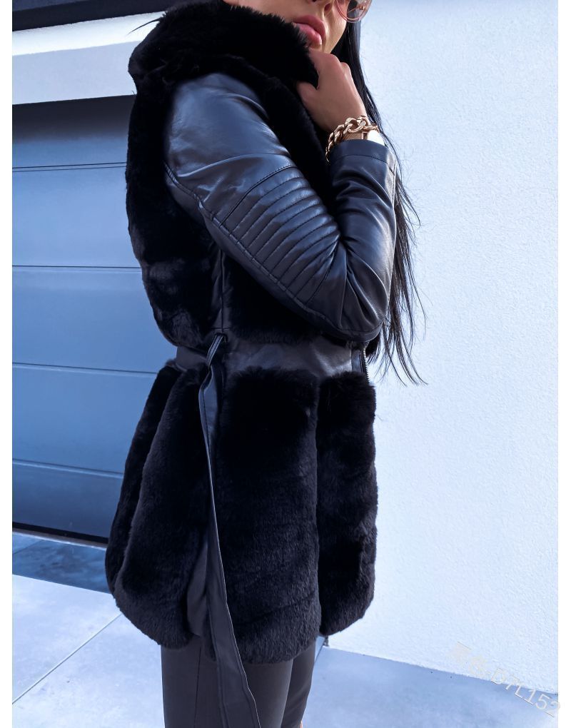 Opulent Fur-Trimmed Elegance: Belted Hooded Zipper Jacket in Luxe Shad