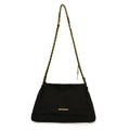 Black handbag with a gold chain strap on a white background