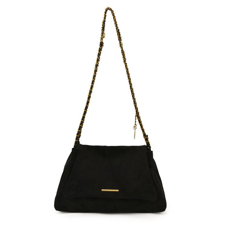Black handbag with a gold chain strap on a white background