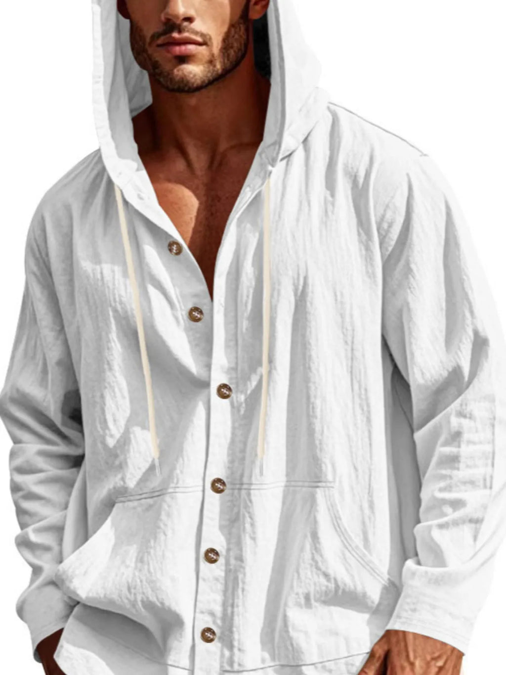 Men's white colored Button Up Drawstring Hooded Top 