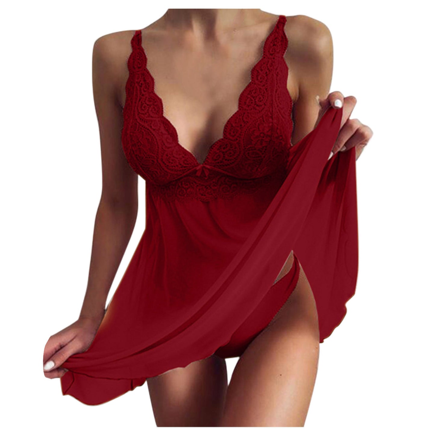 Red lace nightgown being held by a person on a white background