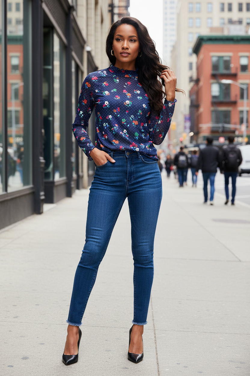 A woman stands on a city sidewalk wearing a Chic Women's Blue Polka Dot Floral Sheath Top , blue skinny jeans, and black high heels, with blurred buildings and pedestrians in the background.