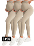 Three pairs of beige leggings worn by models on a white background