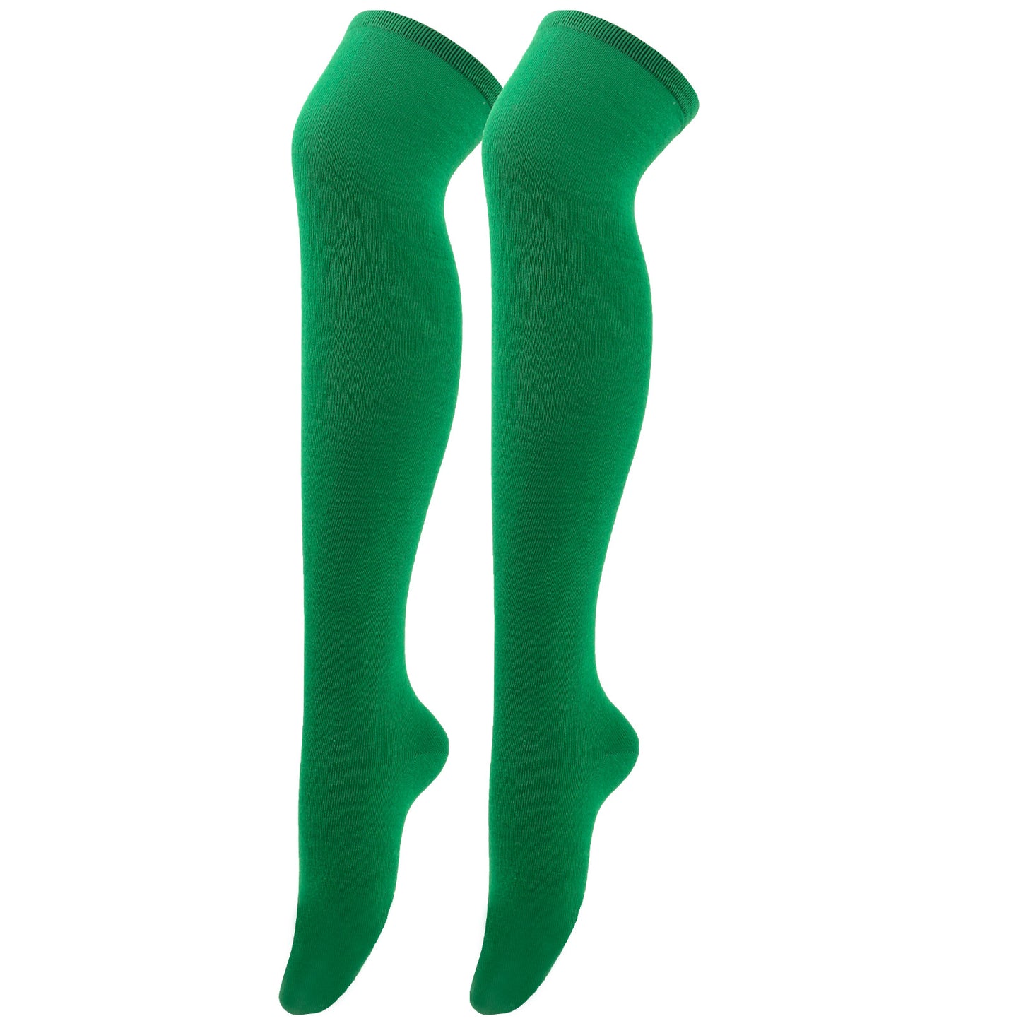 Pair of green knee-high socks on a white background