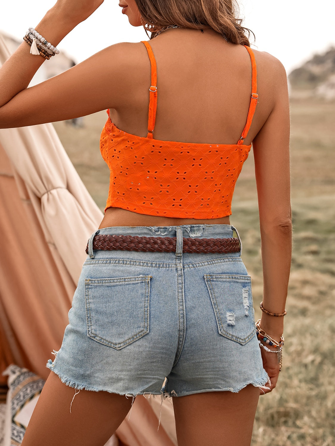 Ladies Cleavage Front Tied Ruffled Eyelet V-Neck Orange Cami-back view