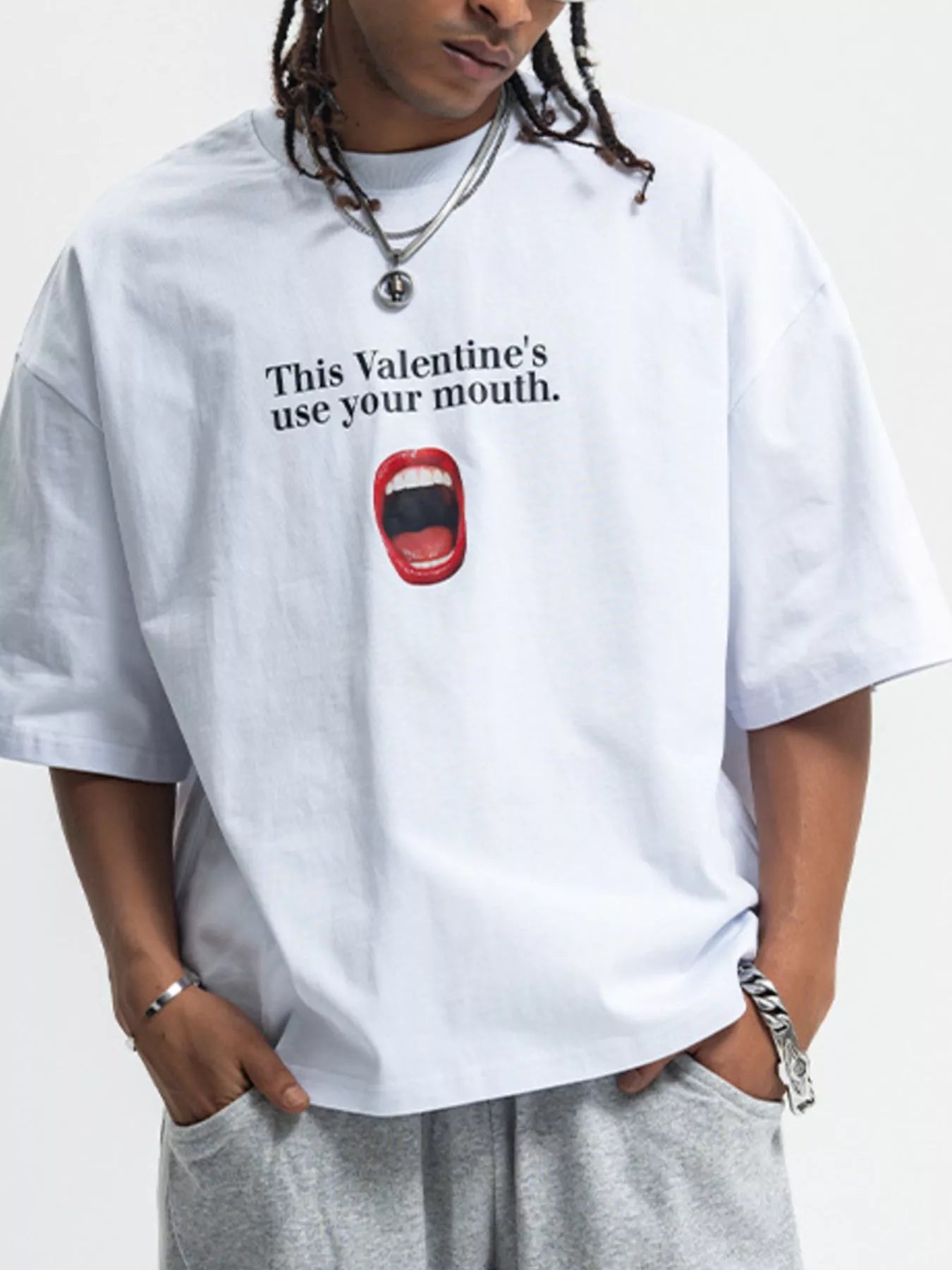 Male model wearing a white Unisex Valentine's Graphic Half Sleeve T-Shirt