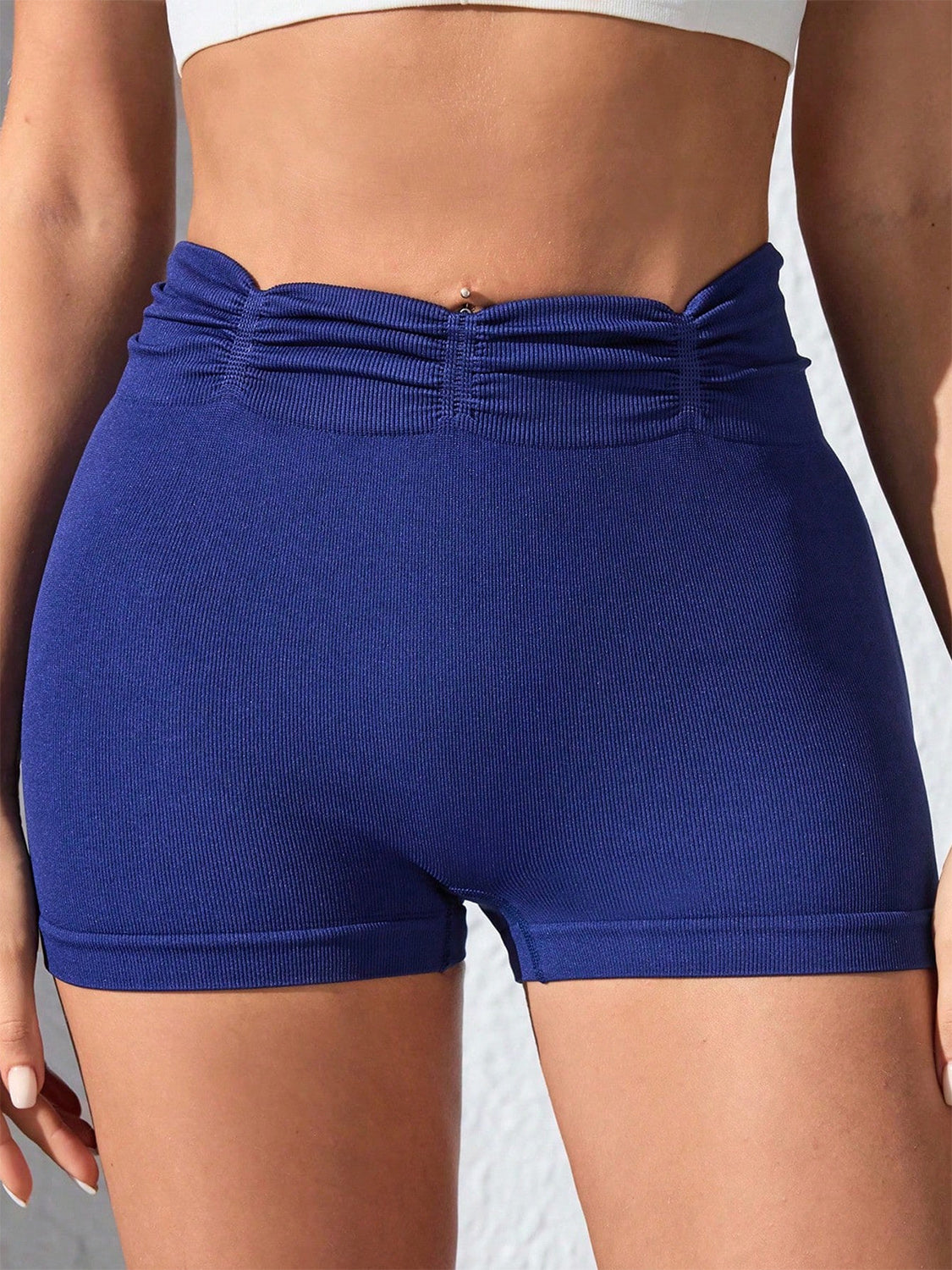 Stylish Mulit-Occasion Royal Blue Ruched High Waist Women's Athletic Shorts-front view