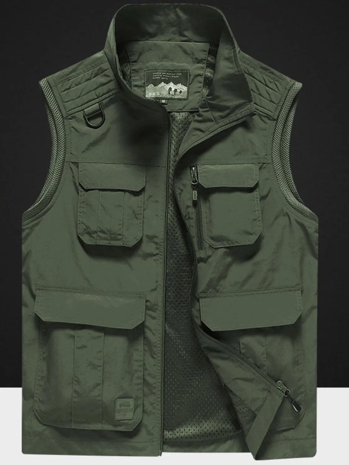Men's Army Green colored Fisherman Style Zip Up Vest with Pockets