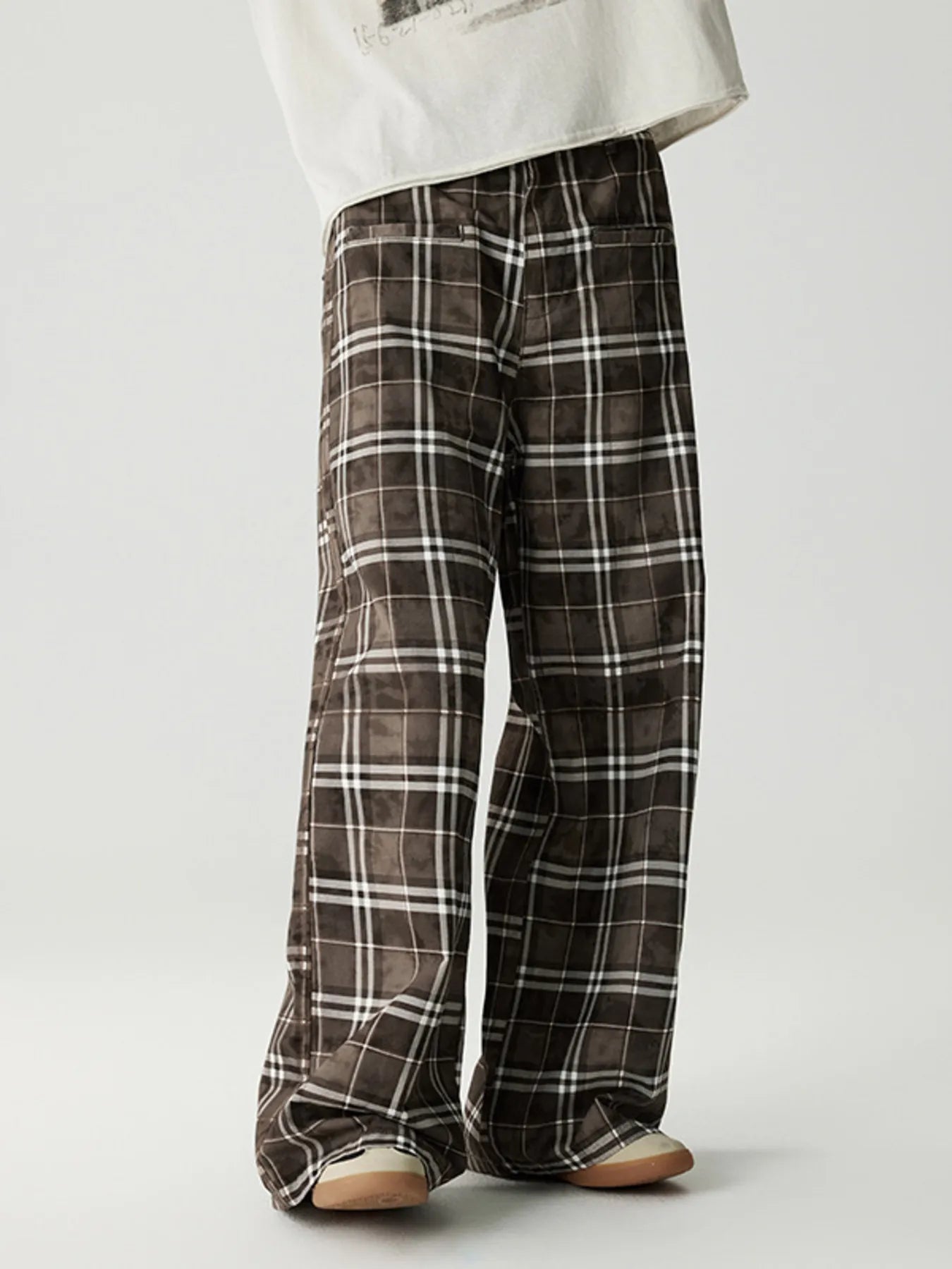 Men's Coffee Casual Relaxed Plaid Wide Leg Pants