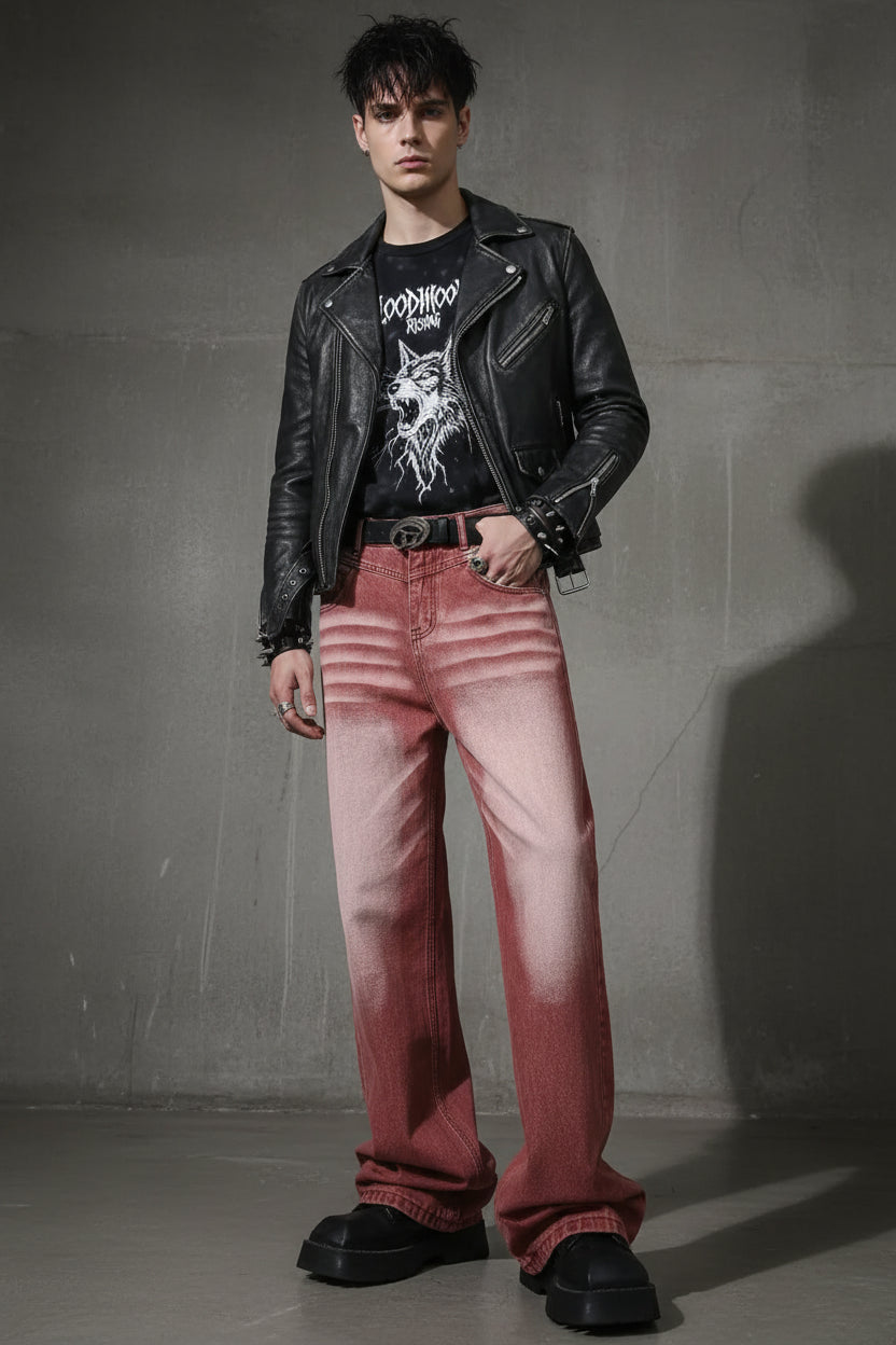 Male model wearing red rust acid wash flared jeans front view 