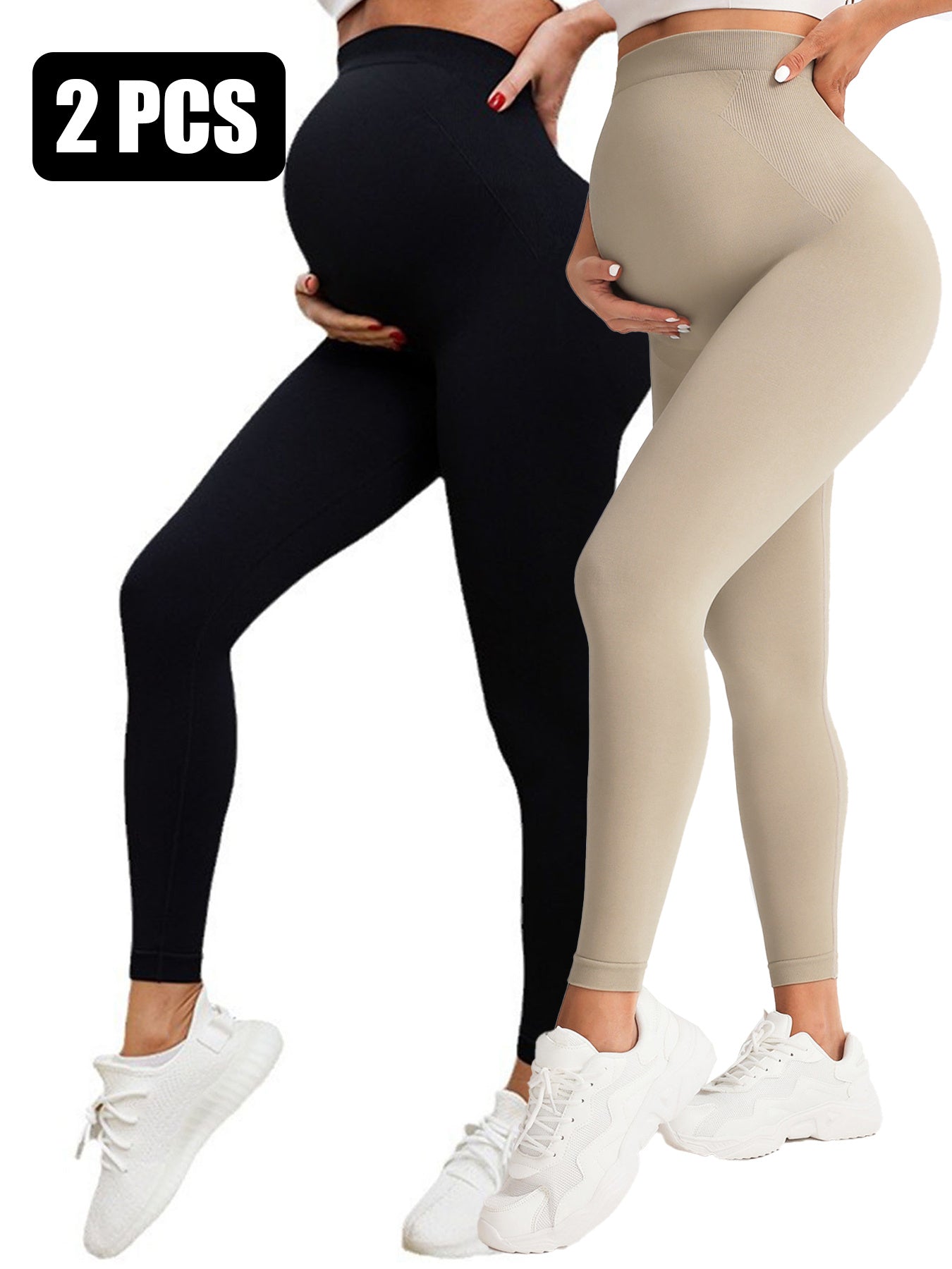 Two pairs of leggings, one black and one beige, worn by models on a white background.