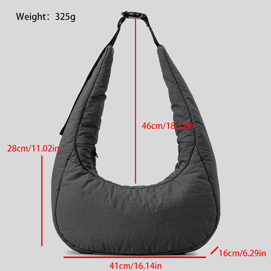 Gray shoulder bag with measurements on a light gray background