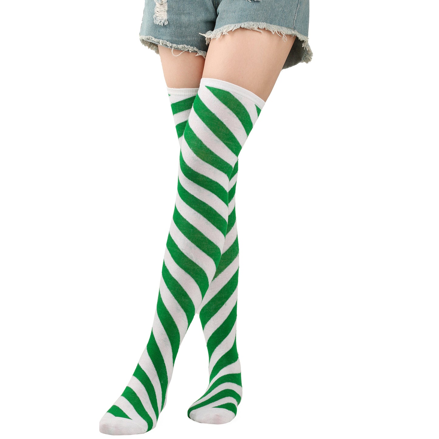 Green and white striped knee-high socks worn by a person on a white background
